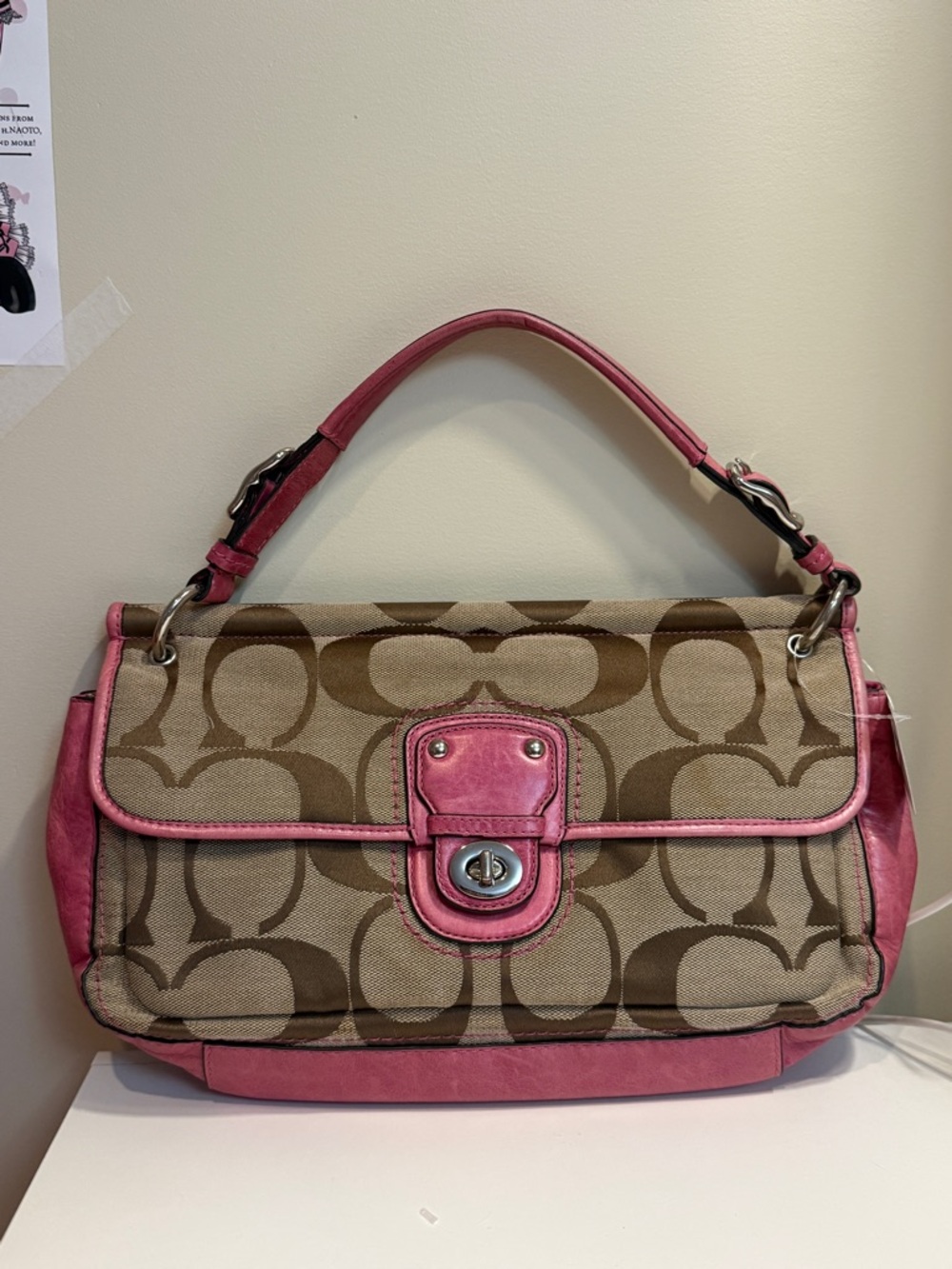 Coach Brown Signature Canvas Shoulder Bag with Pink Trim